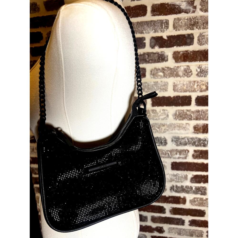 Aldo Mini Minimalist Rhinestone Embellished Matte Black Shoulder Chain Strap